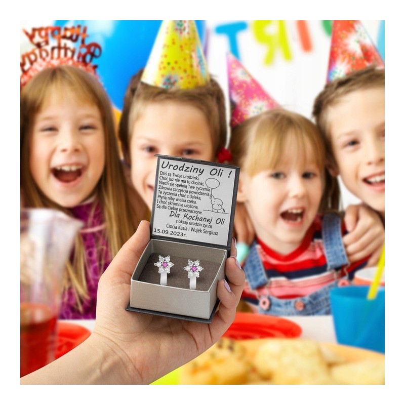 SREBRNE KOLCZYKI DZIECIĘCE KWIATKI ANGIELSKIE + GRAWER