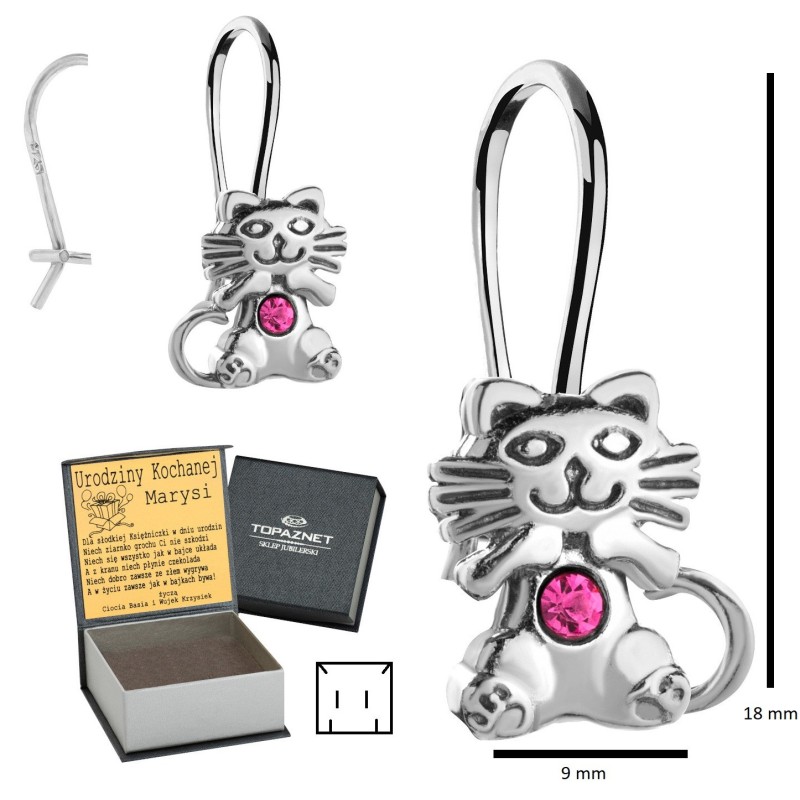 SREBRNE KOLCZYKI DZIECIĘCE KOTKI WISZĄCE + GRAWER