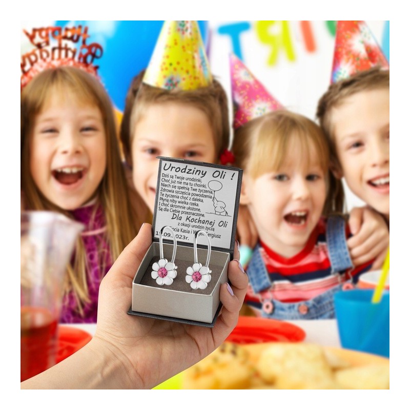 SREBRNE KOLCZYKI DZIECIĘCE KWIATUSZKI WISZĄCE + GRAWER