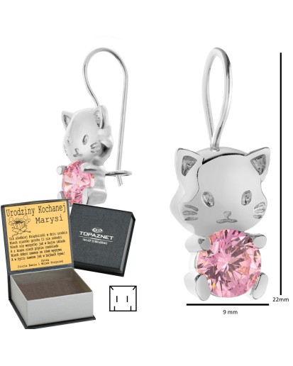 SREBRNE KOLCZYKI DZIECIĘCE KOTKI WISZĄCE CYRKONIA + GRAWER
