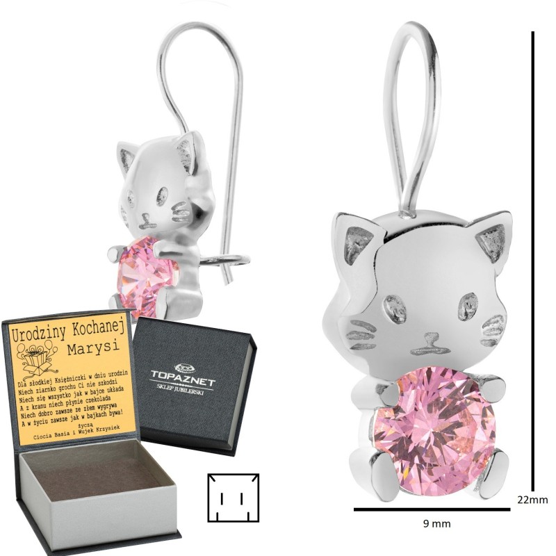 SREBRNE KOLCZYKI DZIECIĘCE KOTKI WISZĄCE CYRKONIA + GRAWER