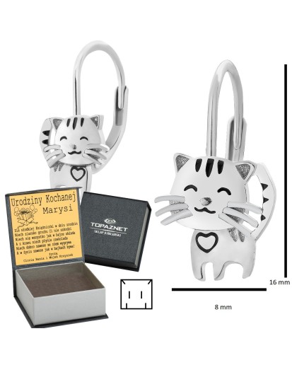 SREBRNE KOLCZYKI DZIECIĘCE KOTKI WISZĄCE CYRKONIA + GRAWER