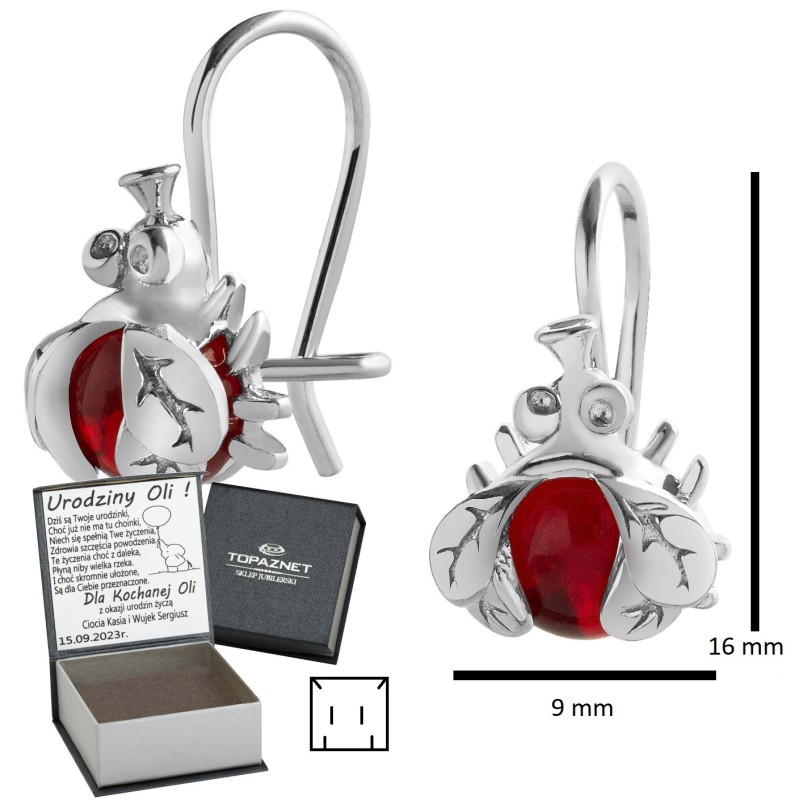 SREBRNE KOLCZYKI DZIECIĘCE MUSZKI WISZĄCE CYRKONIA + GRAWER