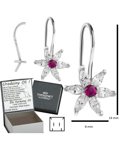 SREBRNE KOLCZYKI DZIECIĘCE KWIATKI WISZĄCE RÓŻ CIEMNY + GRAWER