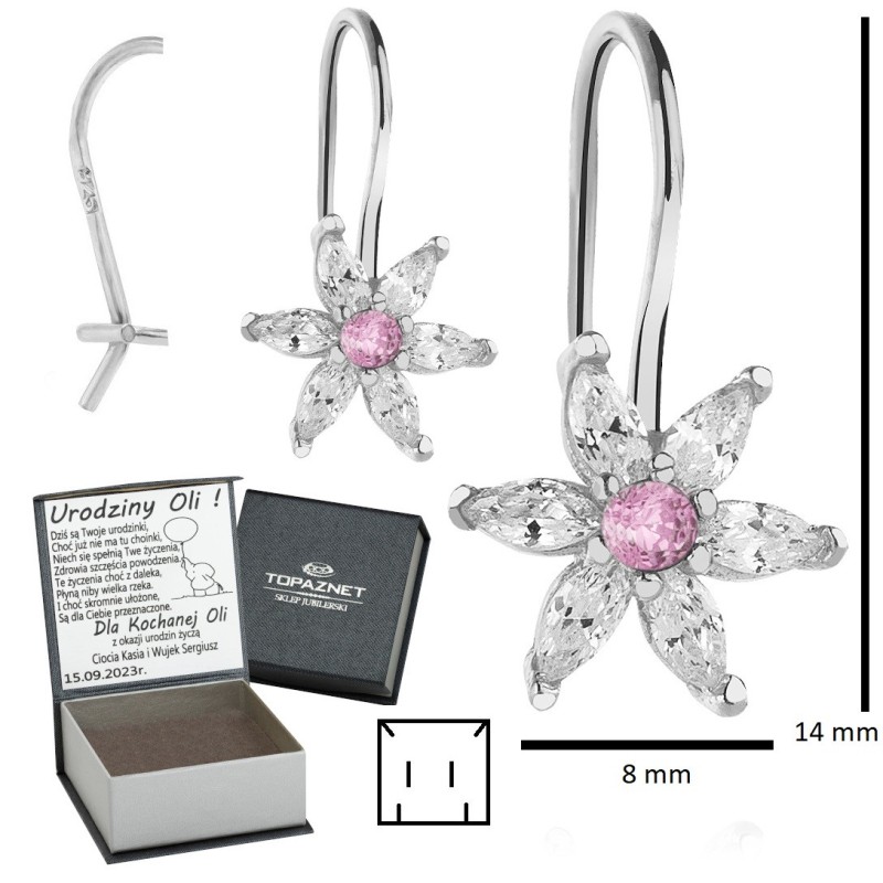 SREBRNE KOLCZYKI DZIECIĘCE KWIATKI WISZĄCE JASNY CIEMNY + GRAWER