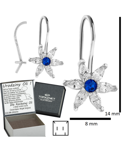 SREBRNE KOLCZYKI DZIECIĘCE KWIATKI WISZĄCE GRANATOWE + GRAWER