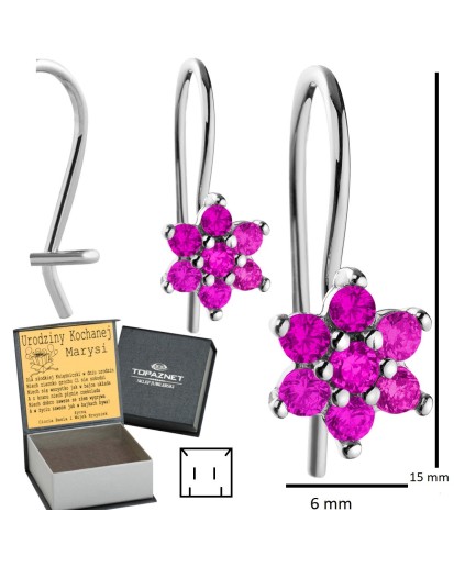 SREBRNE KOLCZYKI DZIECIĘCE KWIATUSZKI WISZĄCE CIEMNY RÓŻ + GRAWER