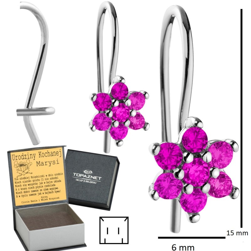 SREBRNE KOLCZYKI DZIECIĘCE KWIATUSZKI WISZĄCE CIEMNY RÓŻ + GRAWER