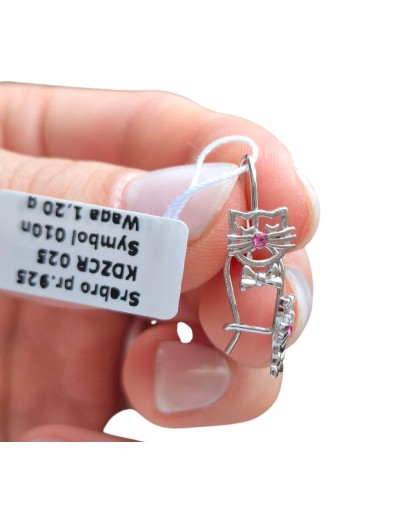 SREBRNE RODOWANE KOLCZYKI DLA DZIEWCZYNKI WISZĄCE KOTY 925