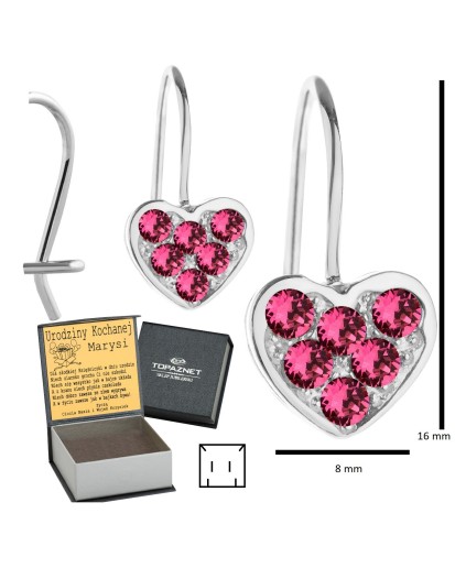 SREBRNE KOLCZYKI DZIECIĘCE SERCA WISZĄCE JASNY RÓŻ + GRAWER