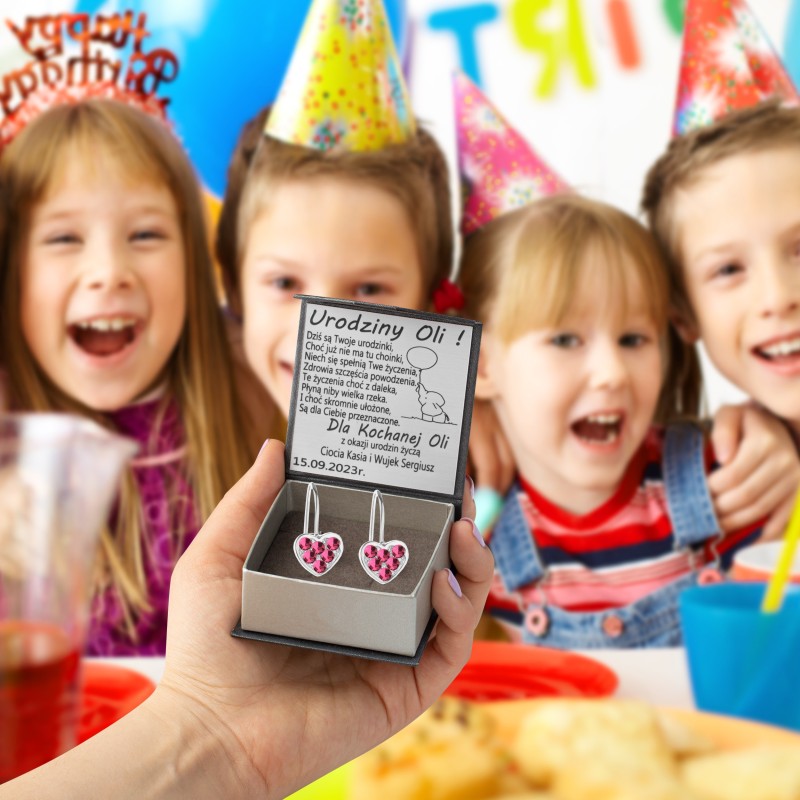 SREBRNE KOLCZYKI DZIECIĘCE SERCA WISZĄCE JASNY RÓŻ + GRAWER