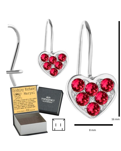 SREBRNE KOLCZYKI DZIECIĘCE SERCA WISZĄCE CZERWONE + GRAWER