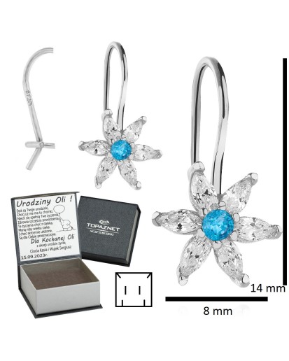 SREBRNE KOLCZYKI DZIECIĘCE KWIATKI WISZĄCE BŁĘKITNE + GRAWER