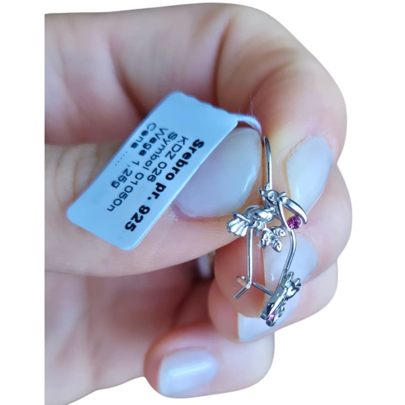 SREBRNE RODOWANE KOLCZYKI DLA DZIEWCZYNKI PTASZKI WISZĄCE 925