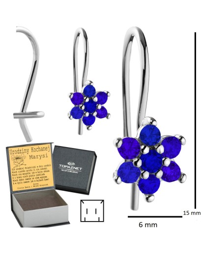 SREBRNE KOLCZYKI DZIECIĘCE KWIATUSZKI WISZĄCE GRANATOWE + GRAWER