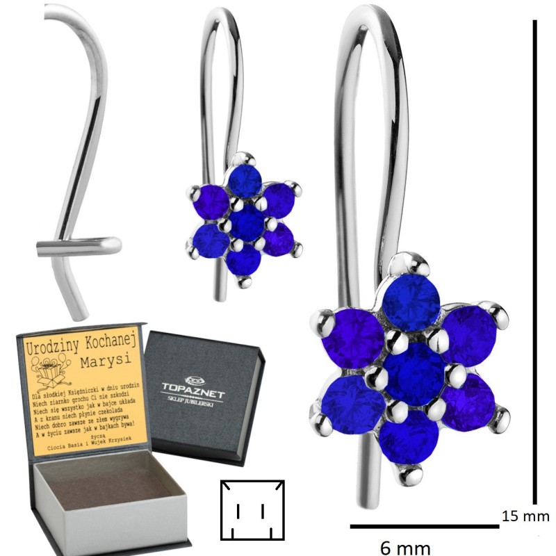 SREBRNE KOLCZYKI DZIECIĘCE KWIATUSZKI WISZĄCE GRANATOWE + GRAWER