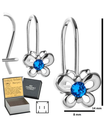 SREBRNE KOLCZYKI DZIECIĘCE MOTYLKI WISZĄCE GRANATOWE + GRAWER