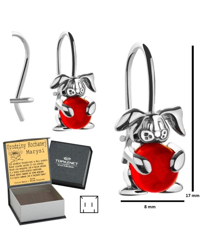 SREBRNE KOLCZYKI DZIECIĘCE KRÓLIKI WISZĄCE CZERWONE + GRAWER