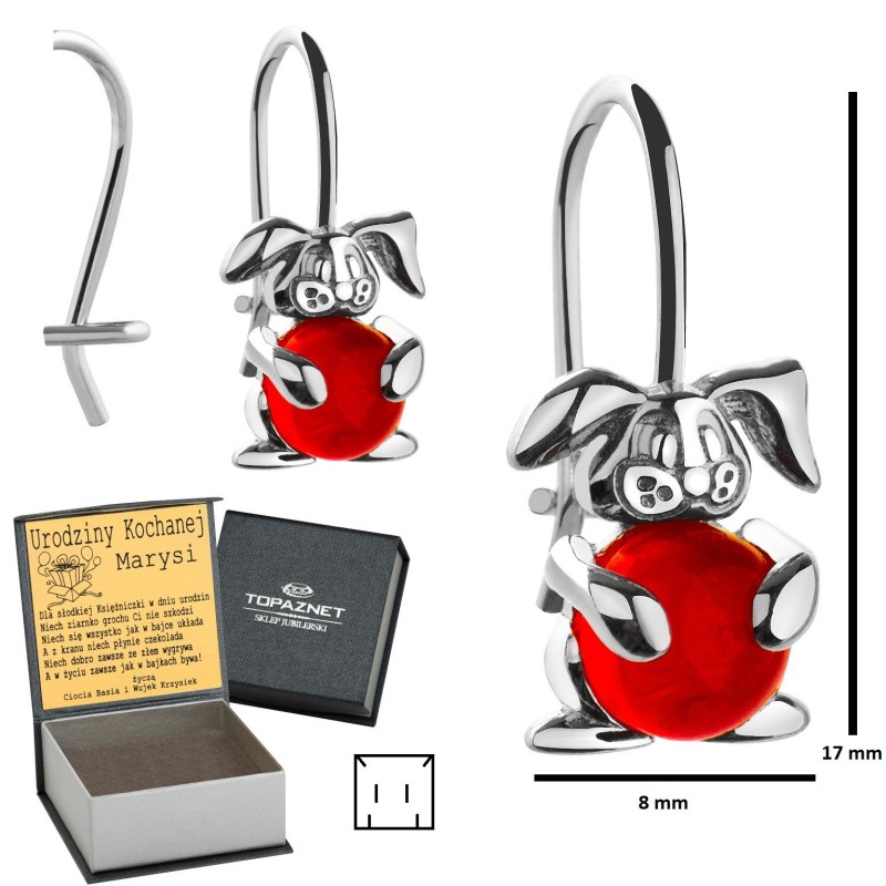 SREBRNE KOLCZYKI DZIECIĘCE KRÓLIKI WISZĄCE CZERWONE + GRAWER