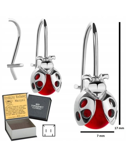SREBRNE KOLCZYKI DZIECIĘCE BIEDRONKI WISZĄCE CZERWONE + GRAWER