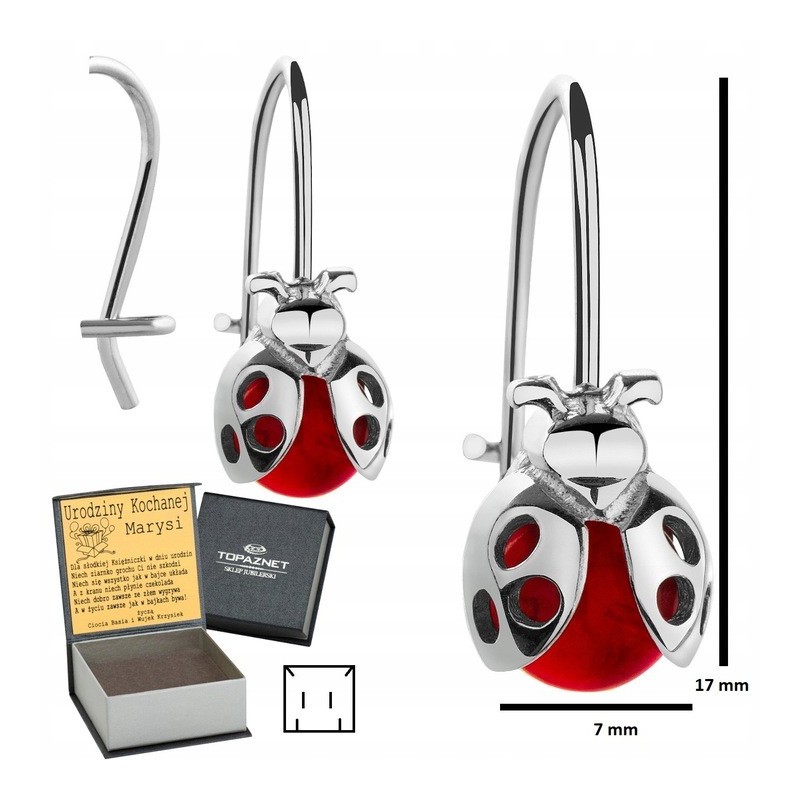SREBRNE KOLCZYKI DZIECIĘCE BIEDRONKI WISZĄCE CZERWONE + GRAWER