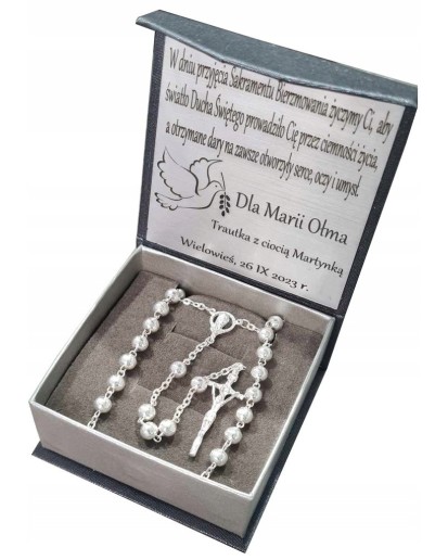 Różaniec srebrny na chrzest komunię prezent duże paciorki 925 + gratis