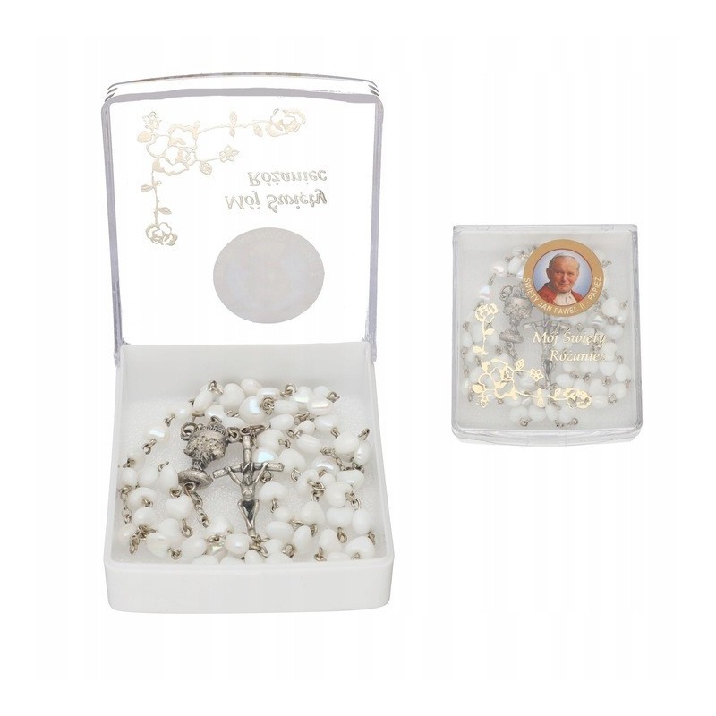 Różaniec srebrny na chrzest komunię prezent duże paciorki 925 + gratis