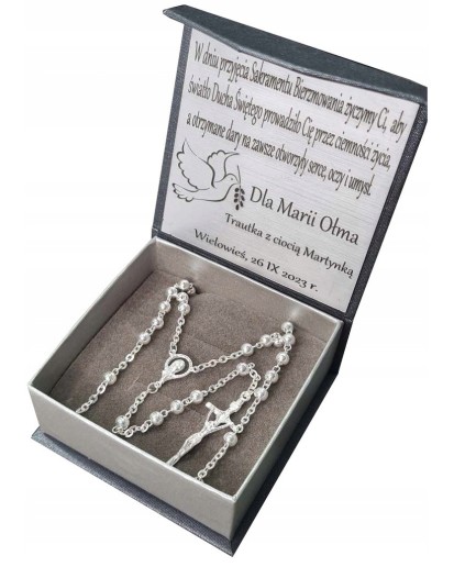 Różaniec srebrny na chrzest komunię prezent z paciorkami mały 925 + gratis