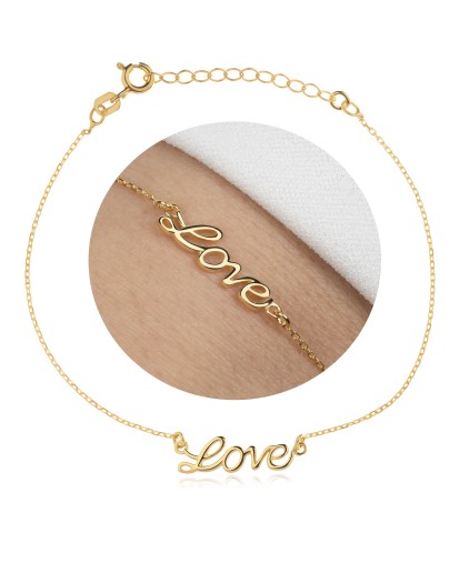 ZŁOTA DAMSKA BRANSOLETKA NA RĘKĘ 19 CM LOVE MIŁOŚĆ SREBRNA SREBRO 925