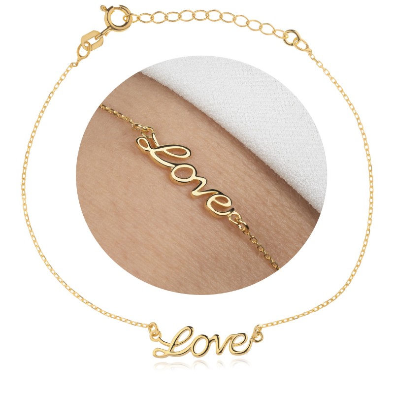 ZŁOTA DAMSKA BRANSOLETKA NA RĘKĘ 19 CM LOVE MIŁOŚĆ SREBRNA SREBRO 925