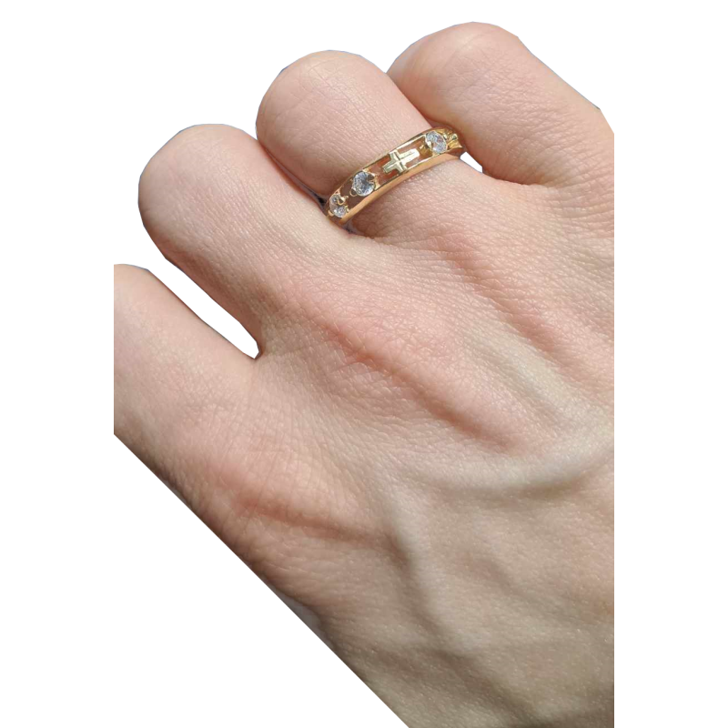 Złoty różaniec na palec srebrna obrączka z cyrkonią 925