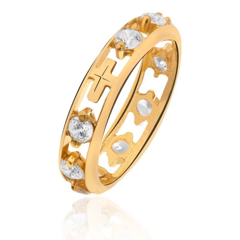 Złoty różaniec na palec srebrna obrączka z cyrkonią 925