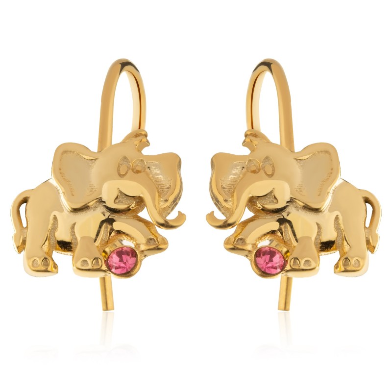 Złote kolczyki dla dziewczynki wiszące słoniki różowa cyrkonia 925
