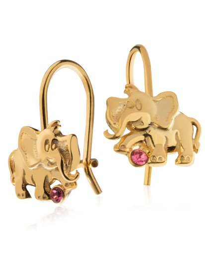 Złote kolczyki dla dziewczynki wiszące słoniki różowa cyrkonia 925