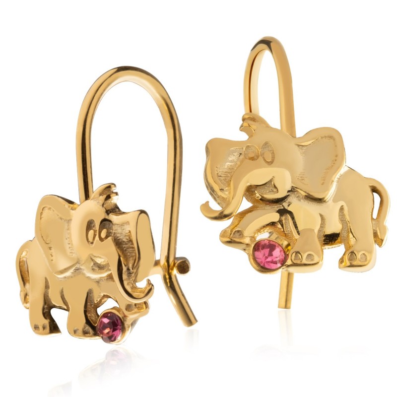Złote kolczyki dla dziewczynki wiszące słoniki różowa cyrkonia 925