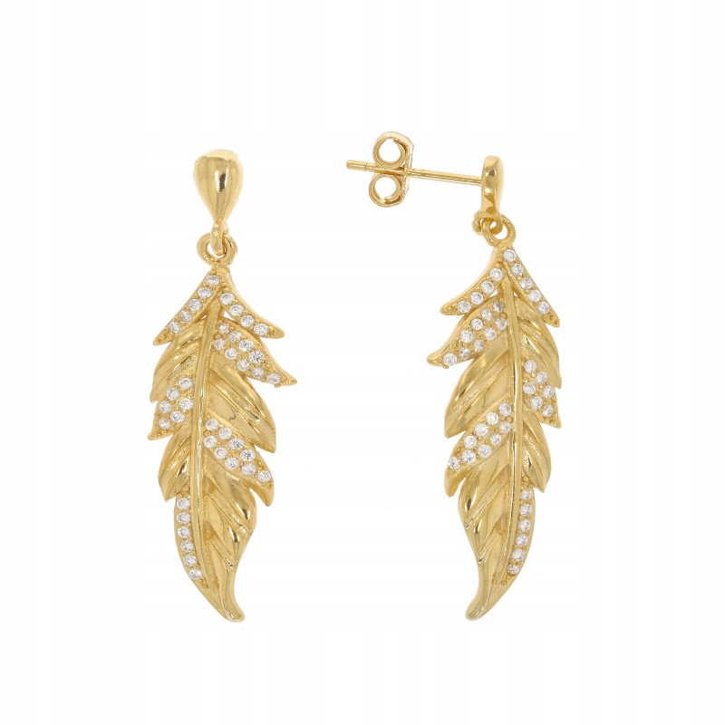 SREBRNE DAMSKIE KOLCZYKI SZTYFT PIÓRA CYRKONIE POZŁACANE 925