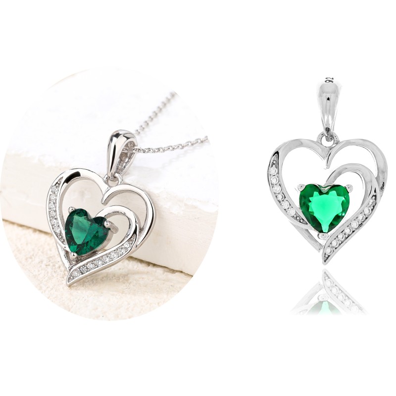SREBRNA ZAWIESZKA DLA KOBIETY Z ZIELONĄ CYRKONIĄ SERCE SERDUSZKO SREBRO 925