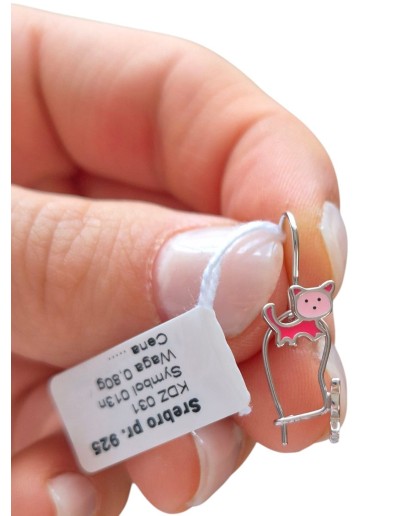 SREBRNE RODOWANE KOLCZYKI DZIECIĘCE WISZĄCE KOTY KOTKI 925