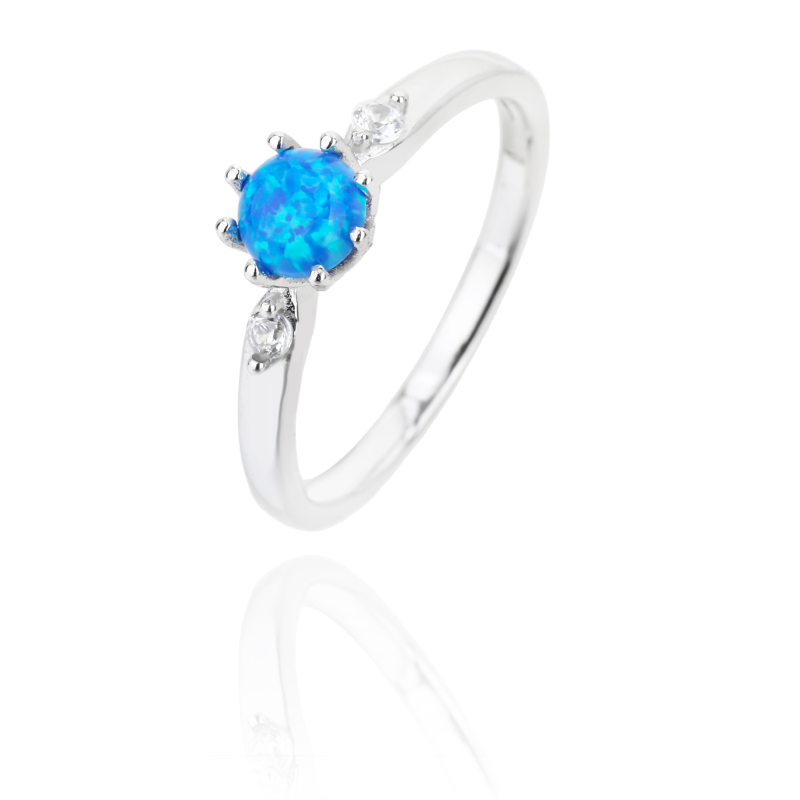 SREBRNY DAMSKI PIERŚCIONEK Z NIEBIESKIM OPALEM PRÓBA 925 ZARĘCZYNY