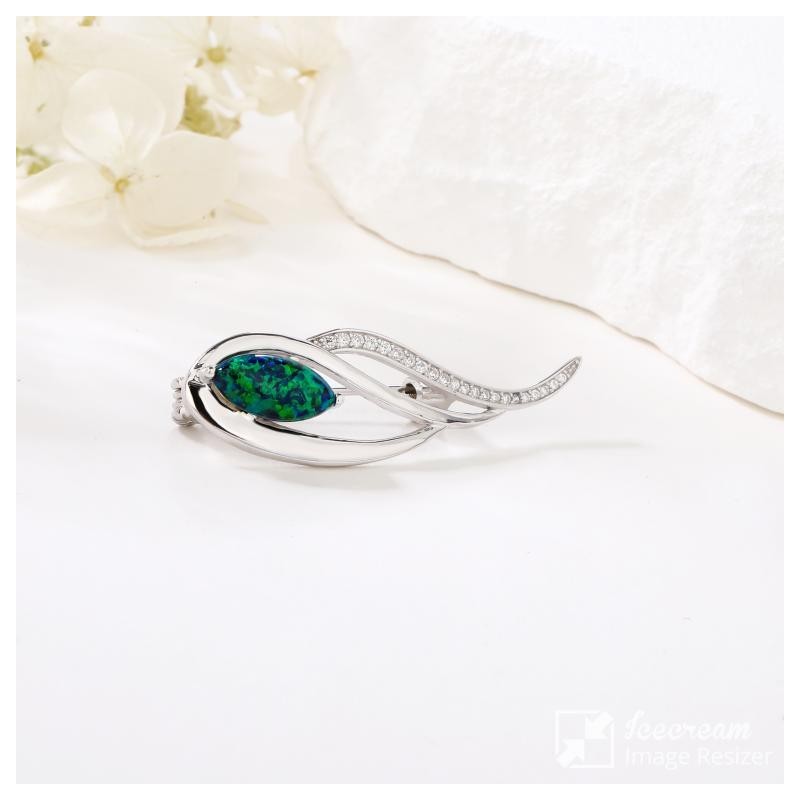 BROSZKA SREBRNA Z CIEMNOZIELONYM OPALEM ŁEZEKA PR.925