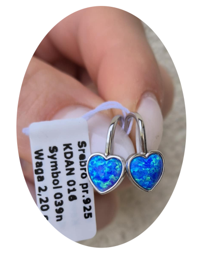 SREBRNE DAMSKIE KOLCZYKI WISZĄCE SERDUSZKA OPAL pr.925