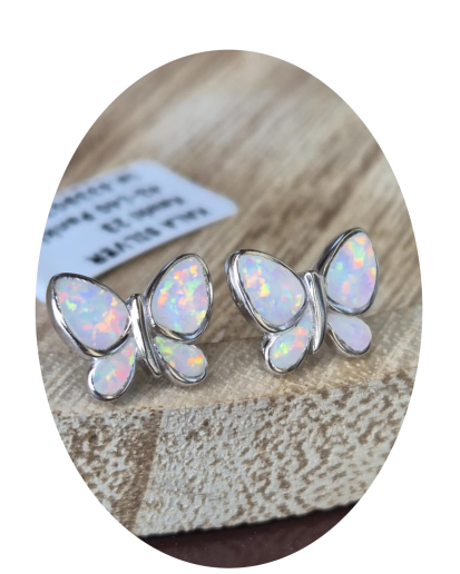 KOLCZYKI DAMSKIE SREBRNE MOTYLKI OPAL WKRĘTKI pr.925