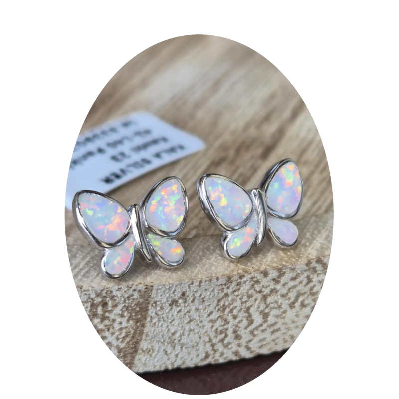 KOLCZYKI DAMSKIE SREBRNE MOTYLKI OPAL WKRĘTKI pr.925