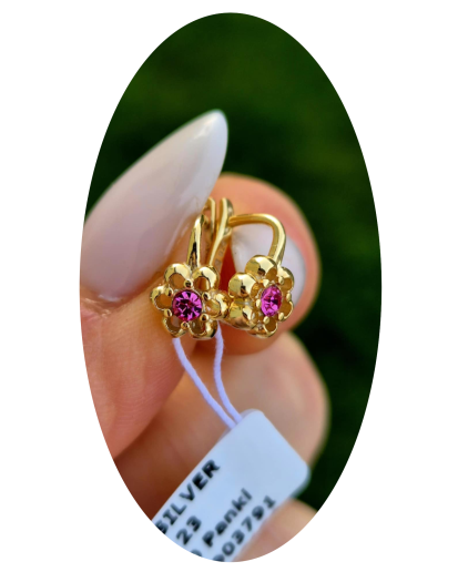 ZŁOTE WISZĄCE KOLCZYKI DLA DZIEWCZYNKI KWIATKI RÓŻOWA CYRKONIA pr.925