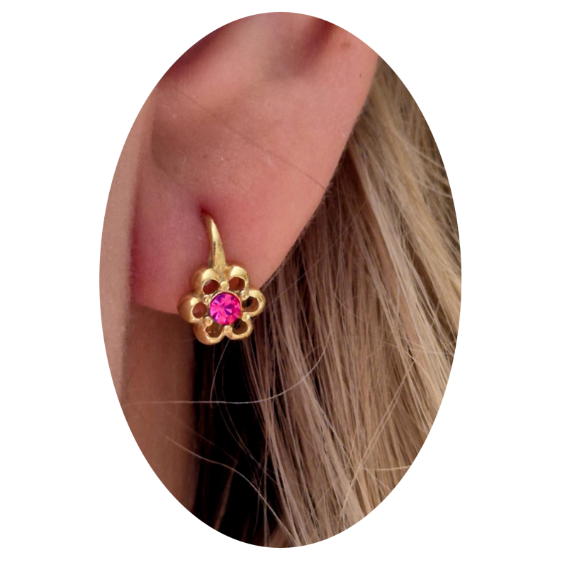 ZŁOTE WISZĄCE KOLCZYKI DLA DZIEWCZYNKI KWIATKI RÓŻOWA CYRKONIA pr.925