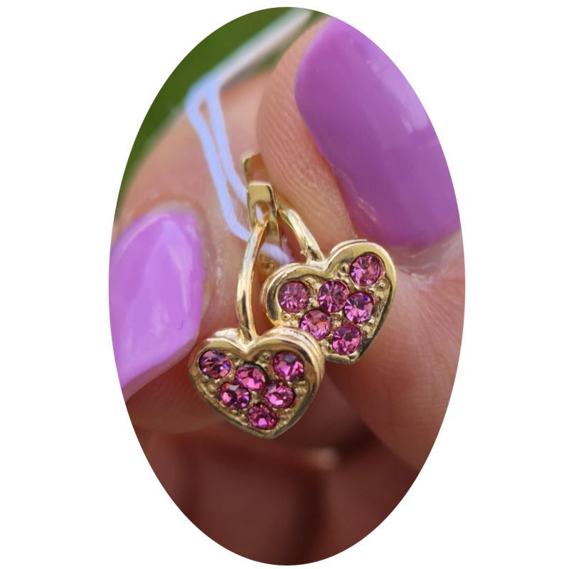 ZŁOTE KOLCZYKI DLA DZIEWCZYNKI WISZĄCE SERCA Z CYRKONIĄ SREBRO 025