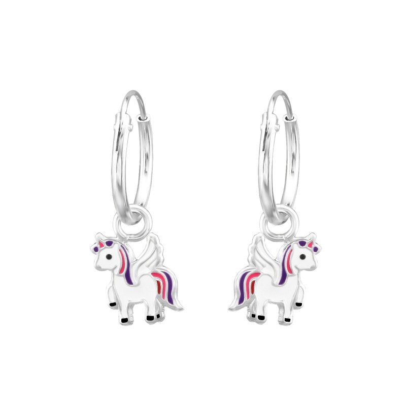 Srebrne kolczyki dziecięce jednorożce kółka wiszące kolorowe 925