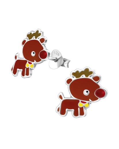 Srebrne kolczyki dziecięce renifery emaliowane sztyft 925