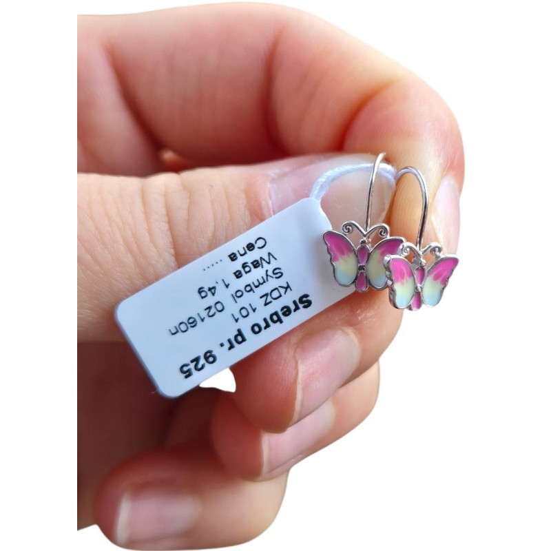 Srebrne kolczyki dla dziewczynki wiszące motyle motylki próba 925