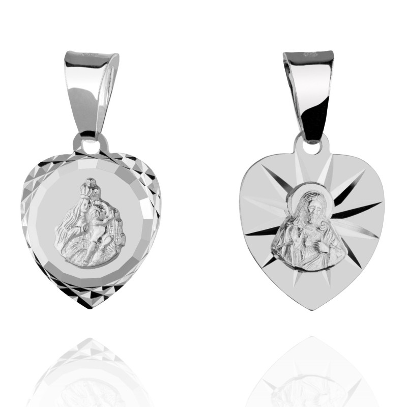 Srebrny medalik Matka Boska Szkaplerzna w sercu otwarte serce Pana Jezusa 925